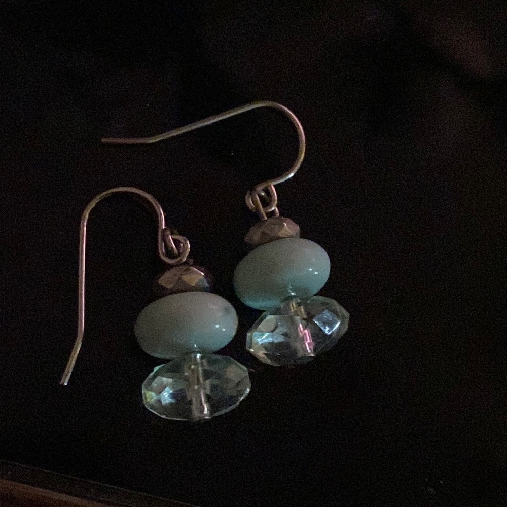 Silver, light blue and aurora clear bead pierced earrings.